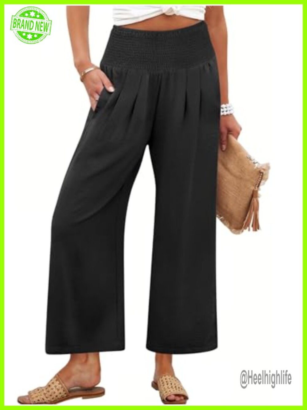 Wide Leg Palazzo Pants High Waist Smocked Pull On with Pockets